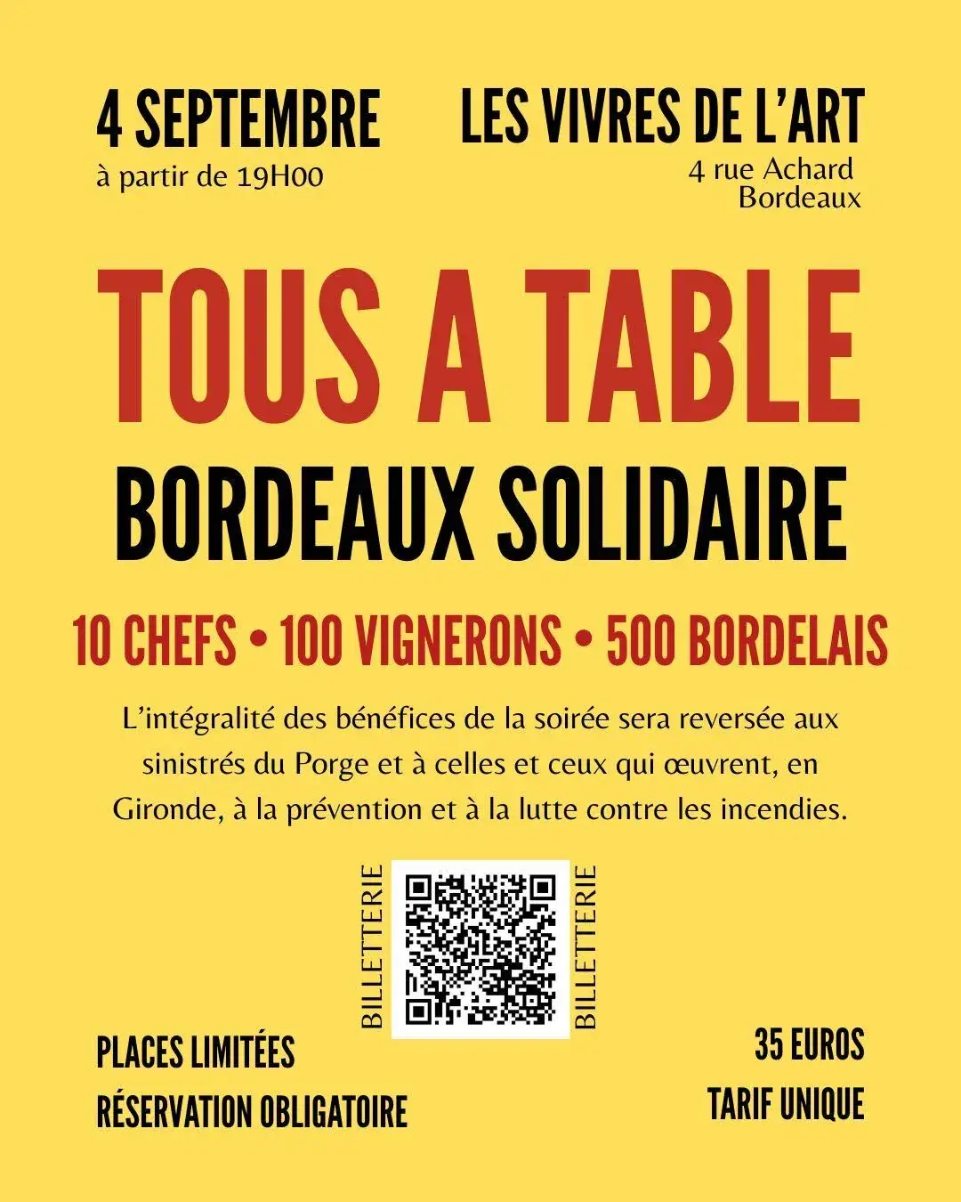 Affiche Tous à Table — Bordeaux Solidaire : 4 septembre 2026 à partir de 19h00, Les Vivres de l'Art, 4 rue Achard Bordeaux. 10 chefs, 100 vignerons, 500 Bordelais. 35 euros tarif unique, places limitées, réservation obligatoire.